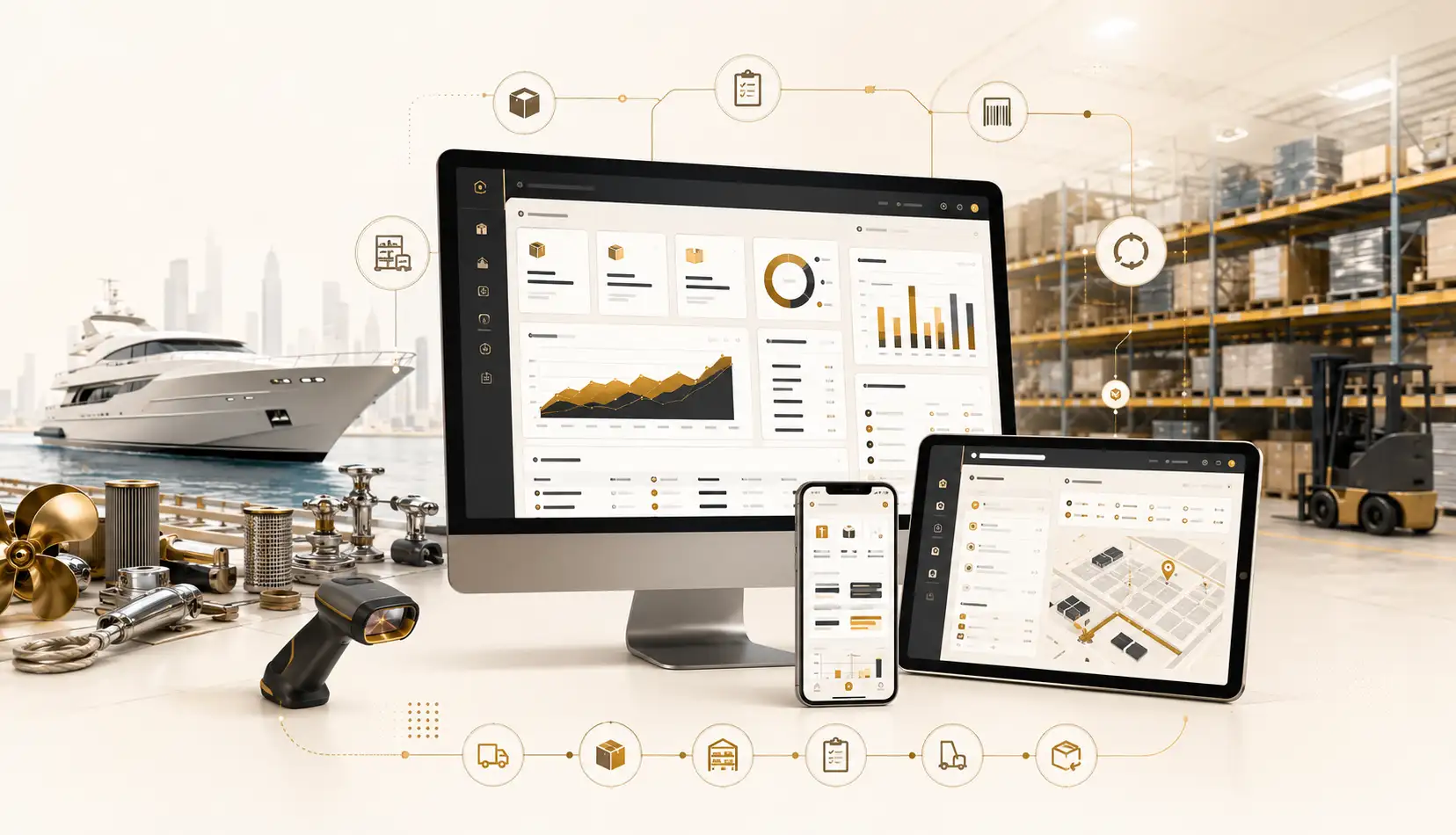 Petrel Global inventory management system showing stock movement tracking, warehouse visibility and marine inventory operations