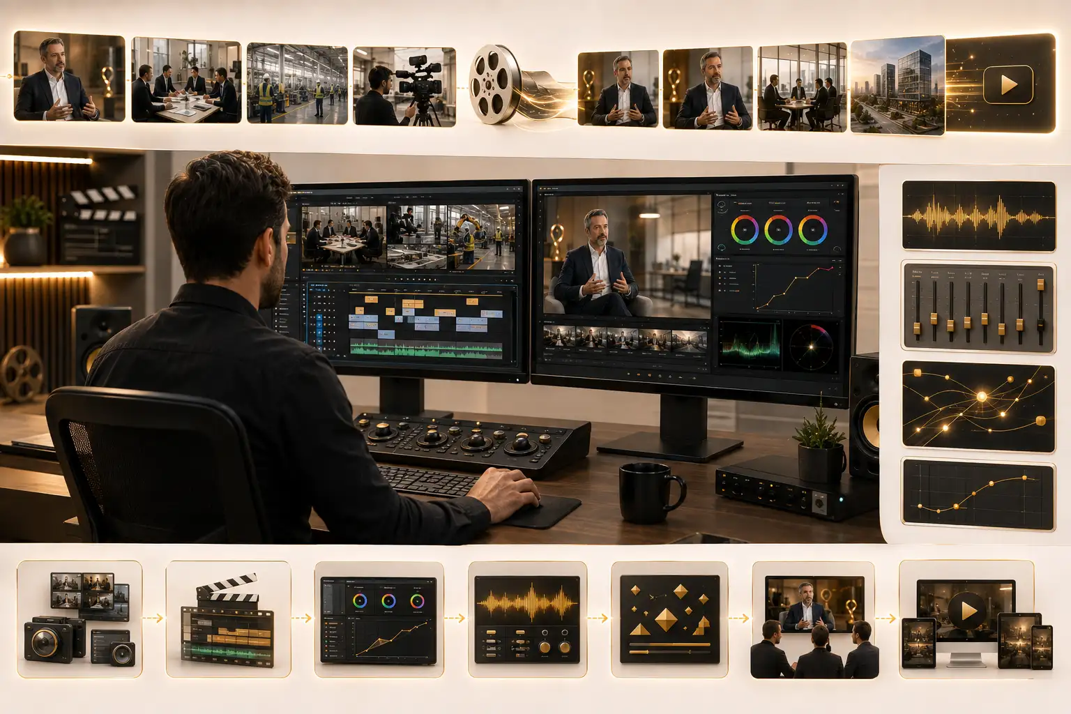 Corporate video editing workstation with documentary footage, color grading, audio mixing and motion graphics