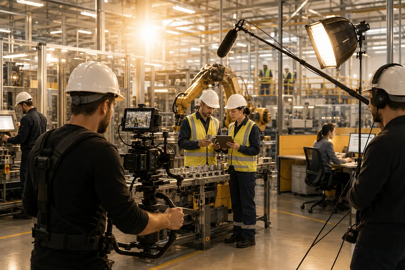 Professional film crew recording industrial operations, employees and workplace processes