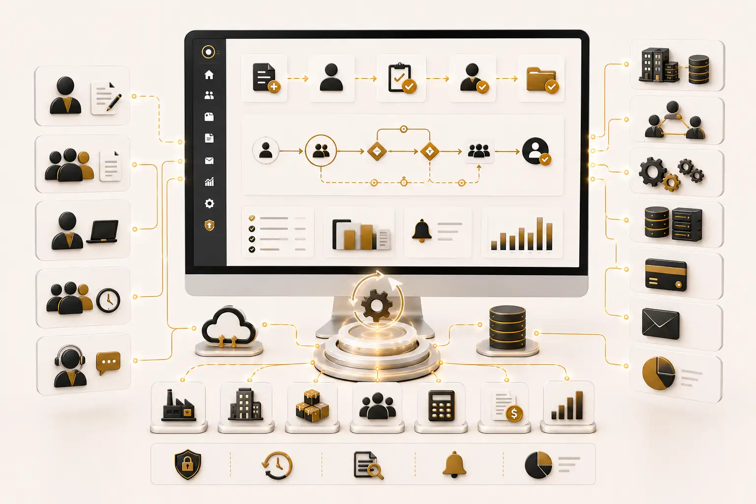 Business workflow automation platform connected with ERP, CRM, finance, HR, inventory and third-party APIs