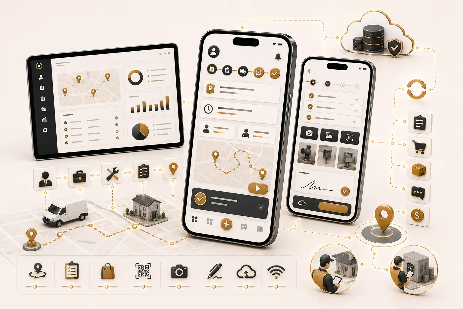 Enterprise mobile application for field sales, service assignments, route planning, orders and operational data capture