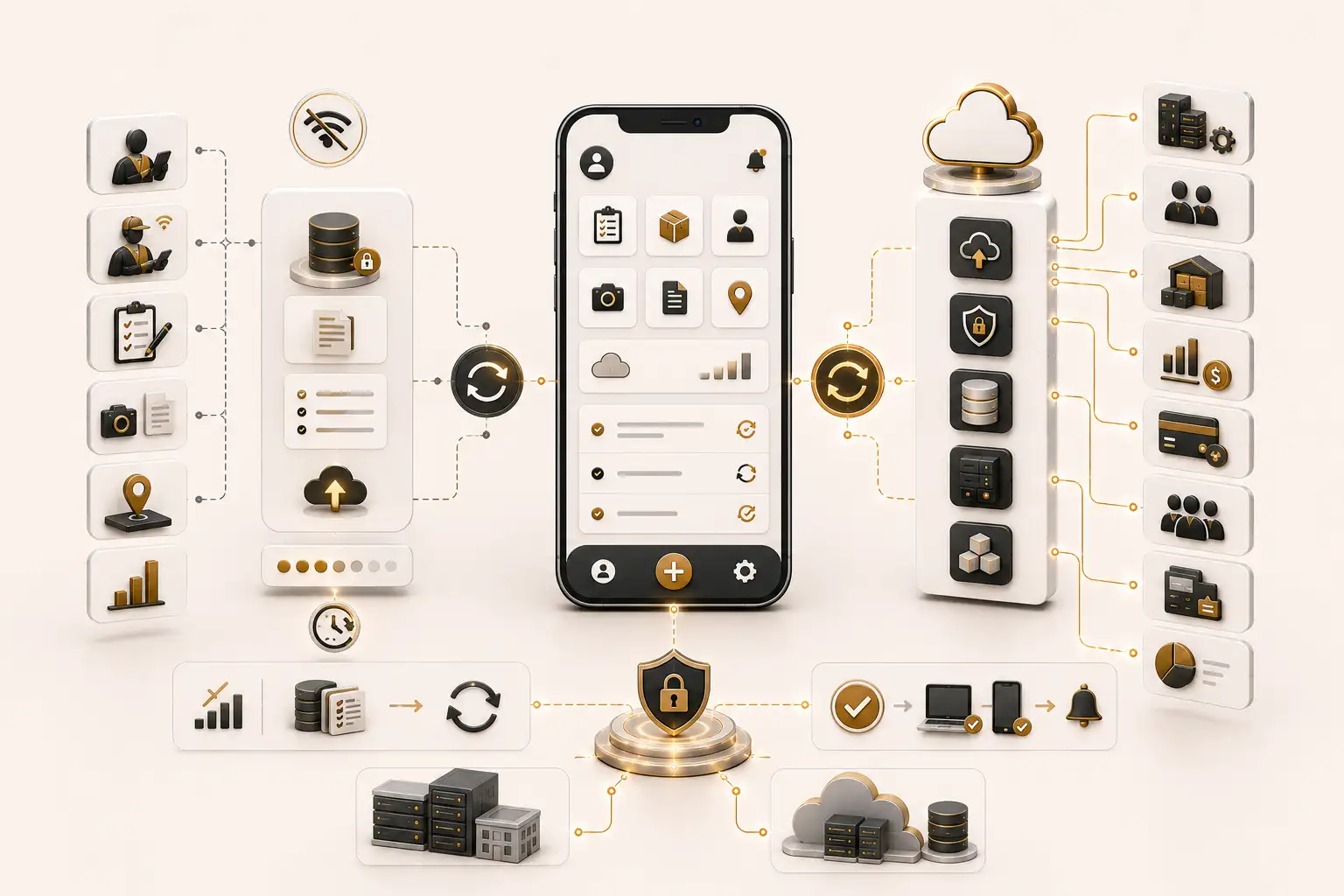 Mobile application architecture connected with ERP, CRM, inventory, APIs, databases and secure offline synchronization