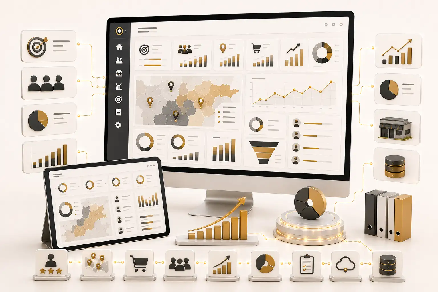 Sales performance dashboard for targets, territories, field visits, orders, collections and forecasting