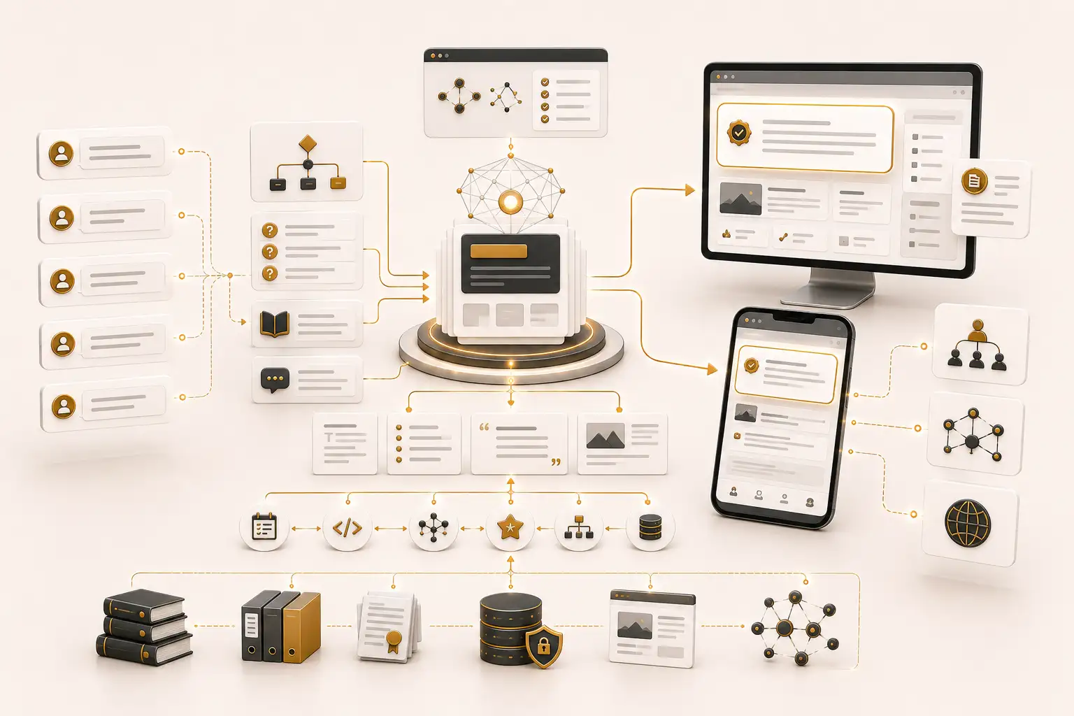 Answer engine content system connecting user questions with concise definitions, FAQs and source-supported answers