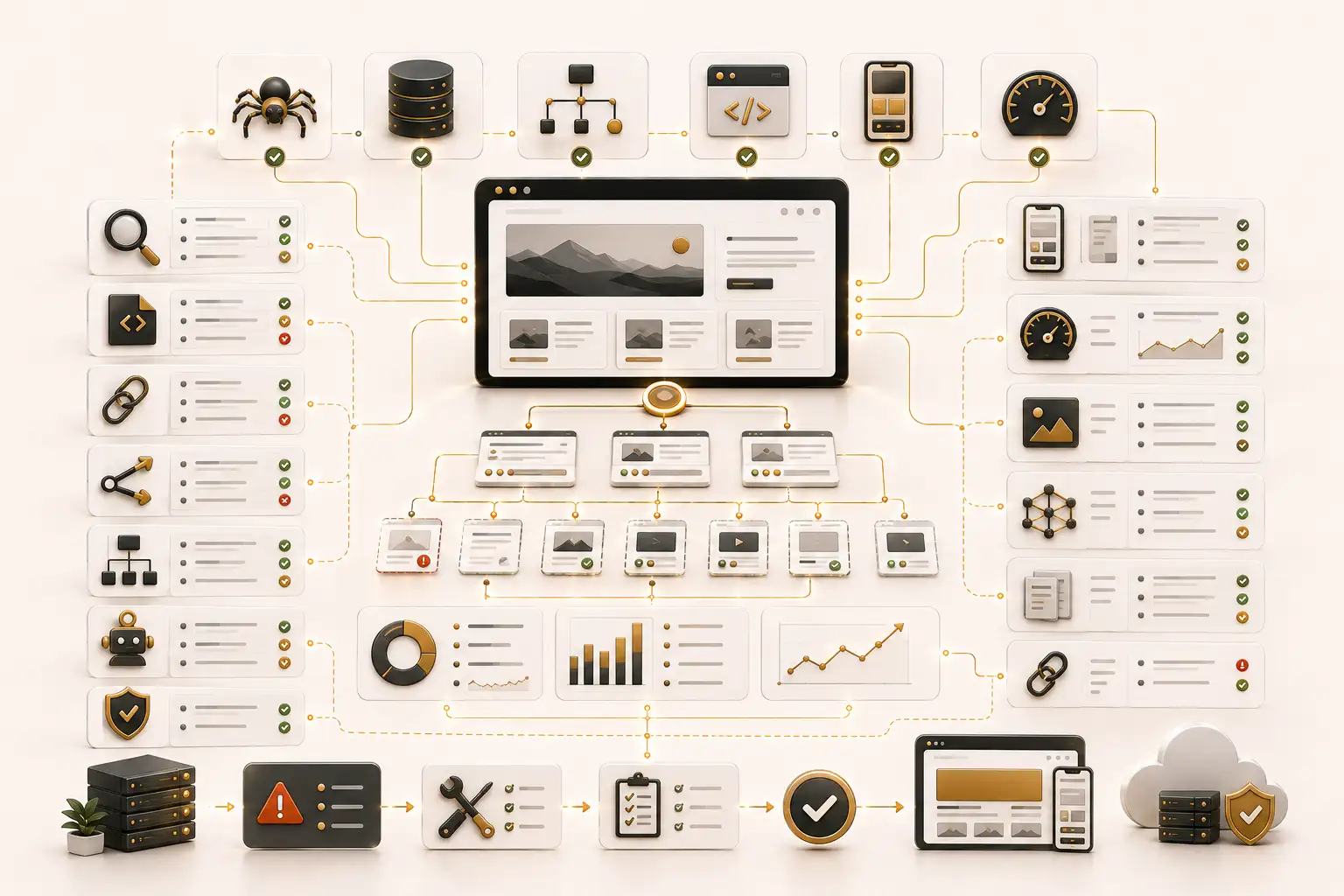 Technical SEO website architecture showing crawling, indexing, metadata, internal linking and performance optimization