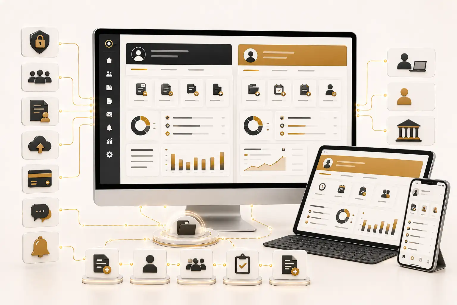 Customer and employee self-service portal dashboards for requests, documents, approvals and account access