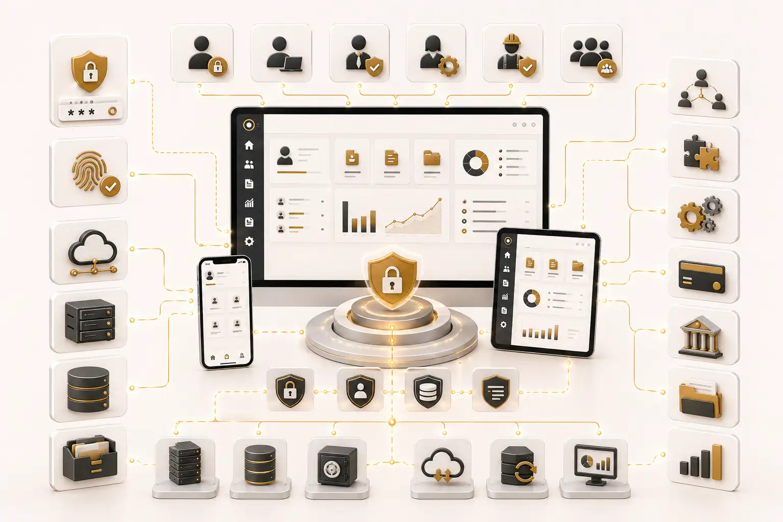 Secure web portal architecture with role-based access, APIs, CRM, ERP, payments, documents and reporting integrations
