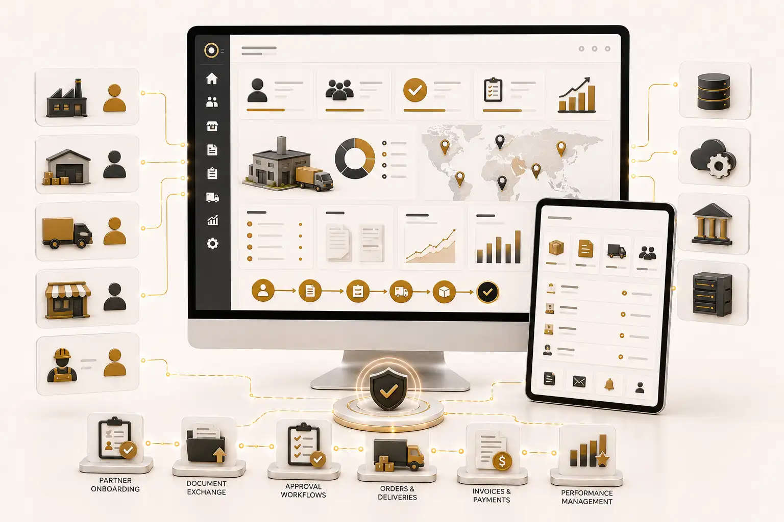 Vendor, dealer and partner portal for onboarding, documents, orders, invoices, approvals and enterprise collaboration