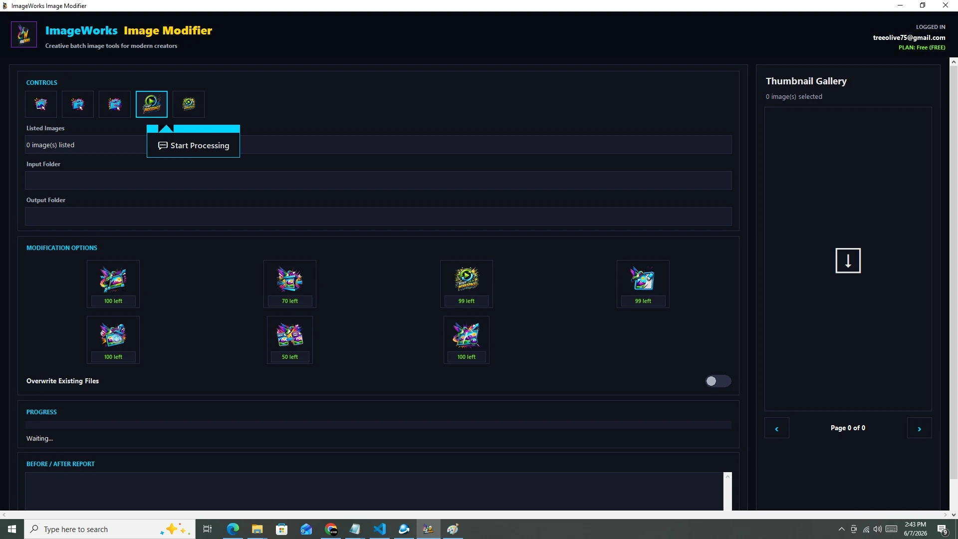 ImageWorks start processing screenshot